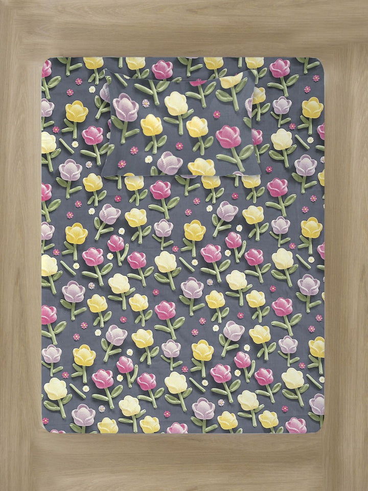 Klotthe Floral Printed Dipasang Cadar 7D Single 300 TC Dengan Sarung Bantal-2.25 m x 1.5 m