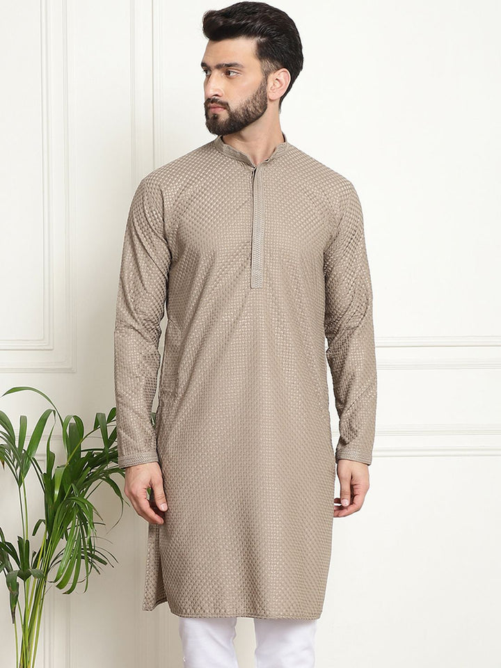 SOJANYA Motif Etnik Bersulam Kolar Mandarin Benang Kerja Kurta Lurus Kapas Tulen