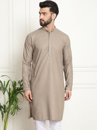 SOJANYA Motif Etnik Bersulam Kolar Mandarin Benang Kerja Kurta Lurus Kapas Tulen