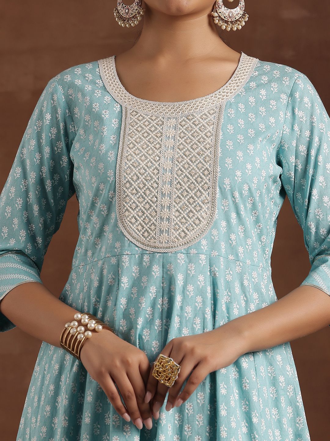 Libas Floral Printed Panelled Thread Work Pure Cotton Kurta with Churidar & Dupatta