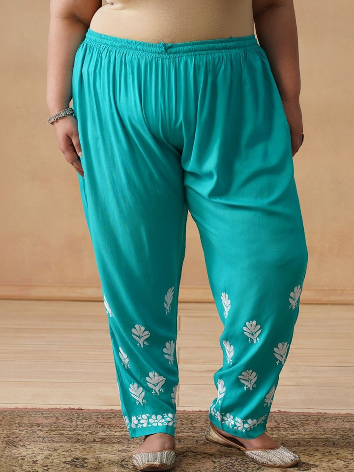 House of Chikankari Women Solid Green 2 Pieces Regular Kurta with Trousers Set