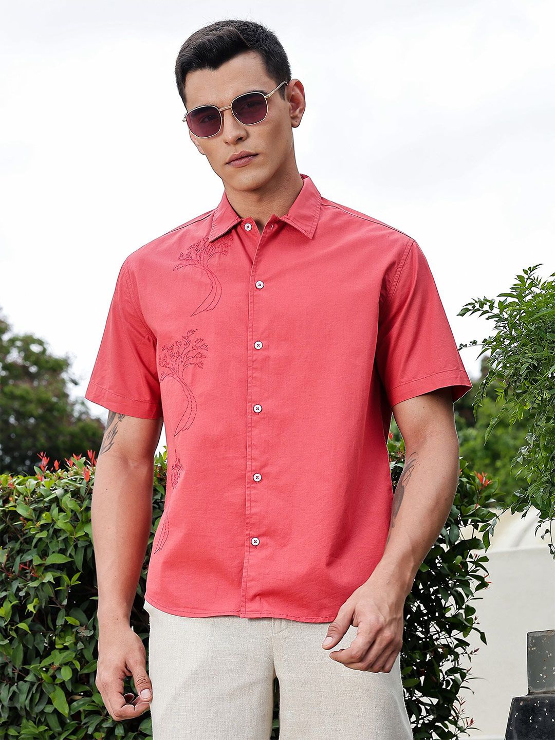 Thomas Scott Men Premium Floral Embroidered Casual Shirt