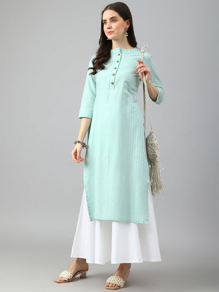 KALINI Striped Woven Design Mandarin Collar Three-Quarter Sleeves Straight Kurta