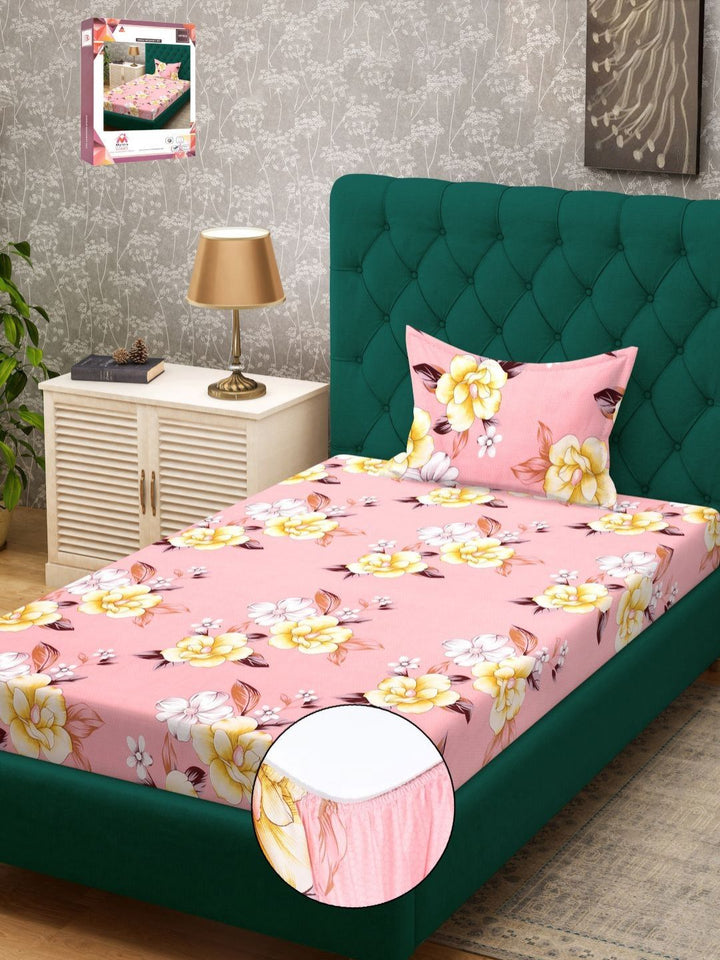 Myntra Elegant Homes Pink & Yellow Printed 300 TC Single Bedsheet Set 2.25 m x 1.50 m