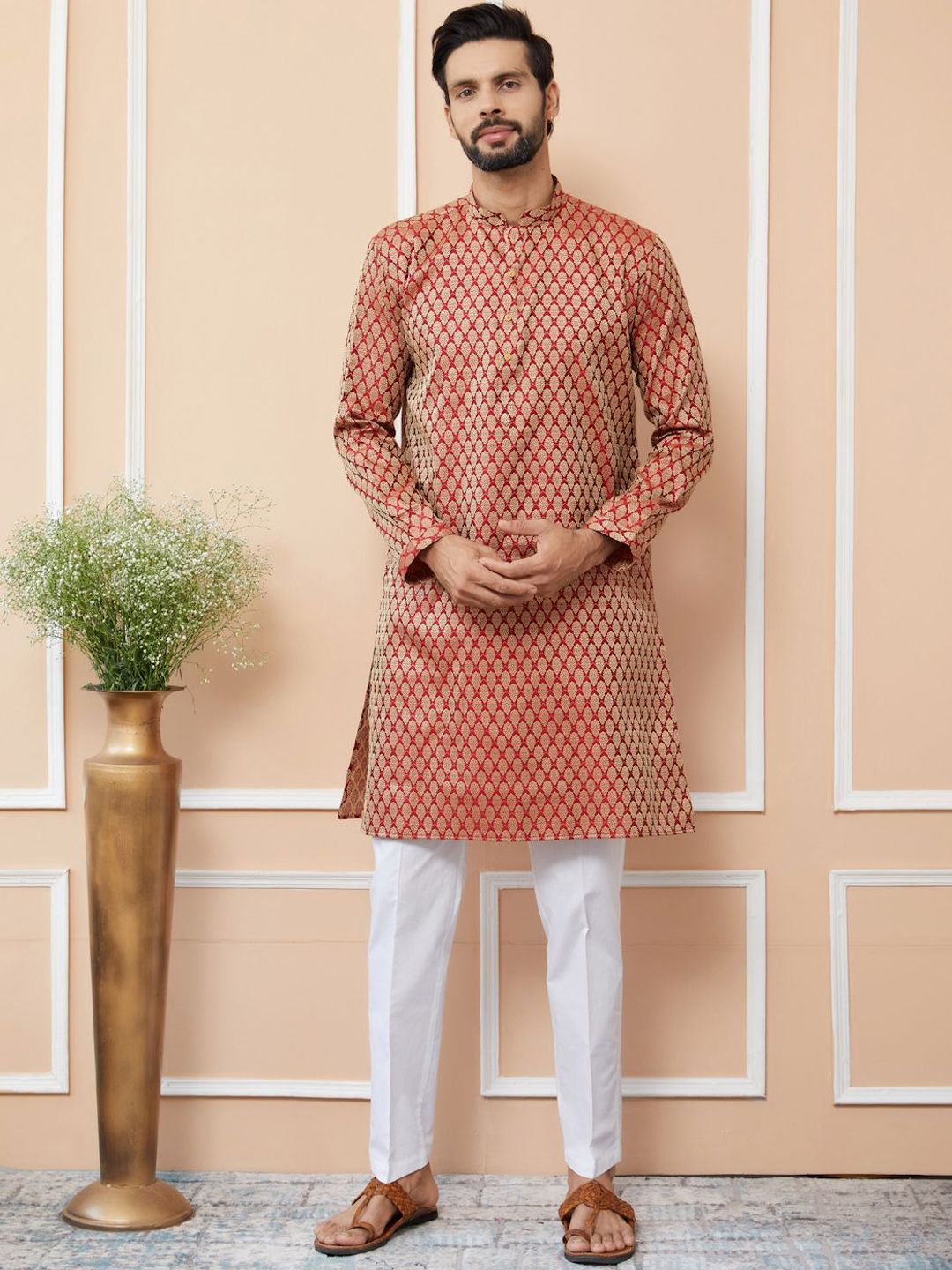 See Designs Ethnic Motifs Woven Design Mandarin Collar Silk Jacquard Straight Kurta
