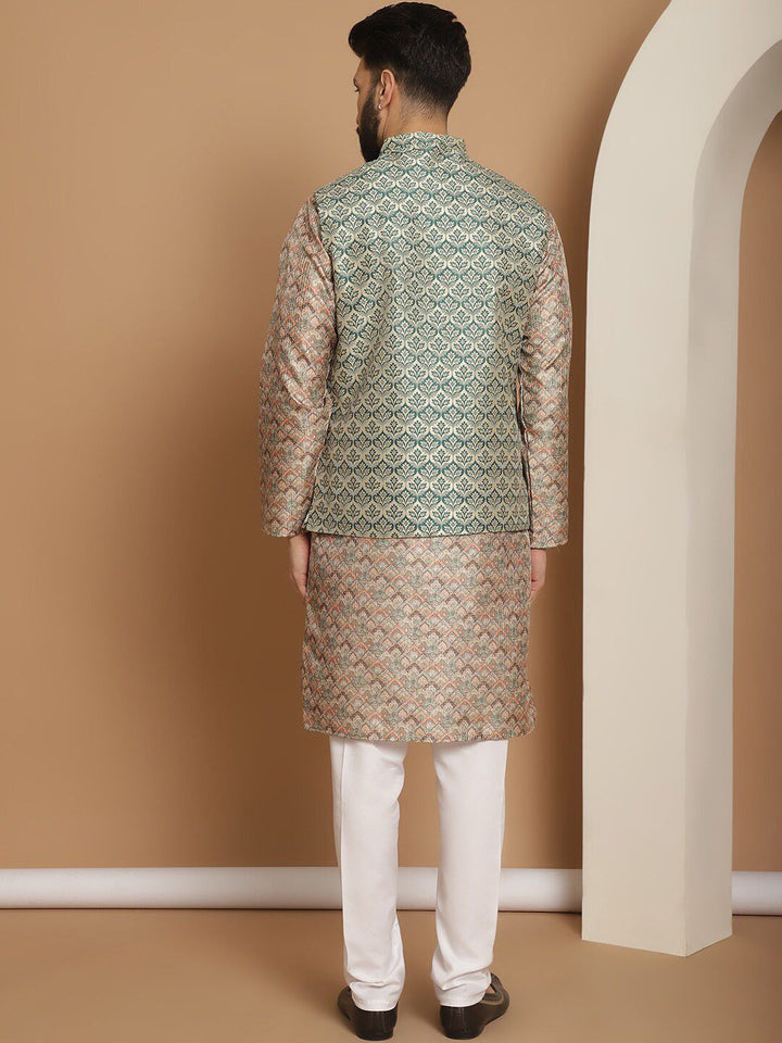 Anouk Beige Etnic Motif Tenunan Rekaan Kurta Lurus Dengan Jaket Churidar & Nehru