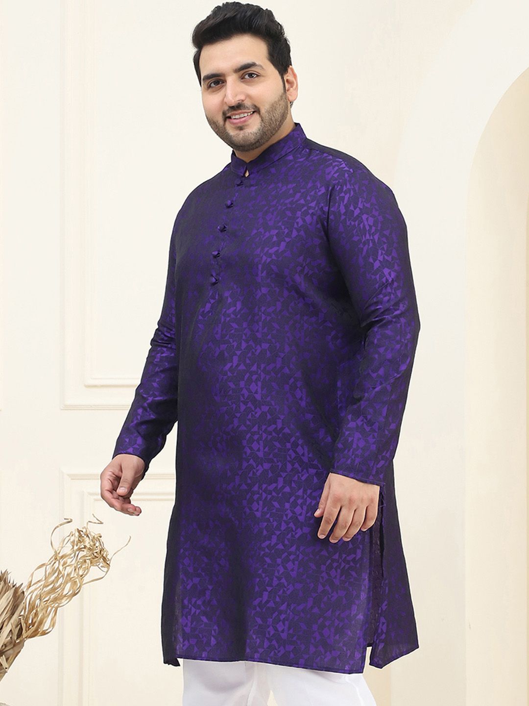 SOJANYA Plus Geometric Woven Design Mandarin Collar Long Sleeves Straight Kurta