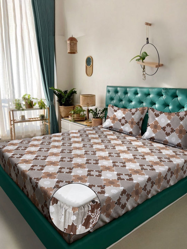 Myntra Elegant Homes Brown Geometric Pure Cotton 400TC Fitted King Bedsheet Set-2.5mX2.2m