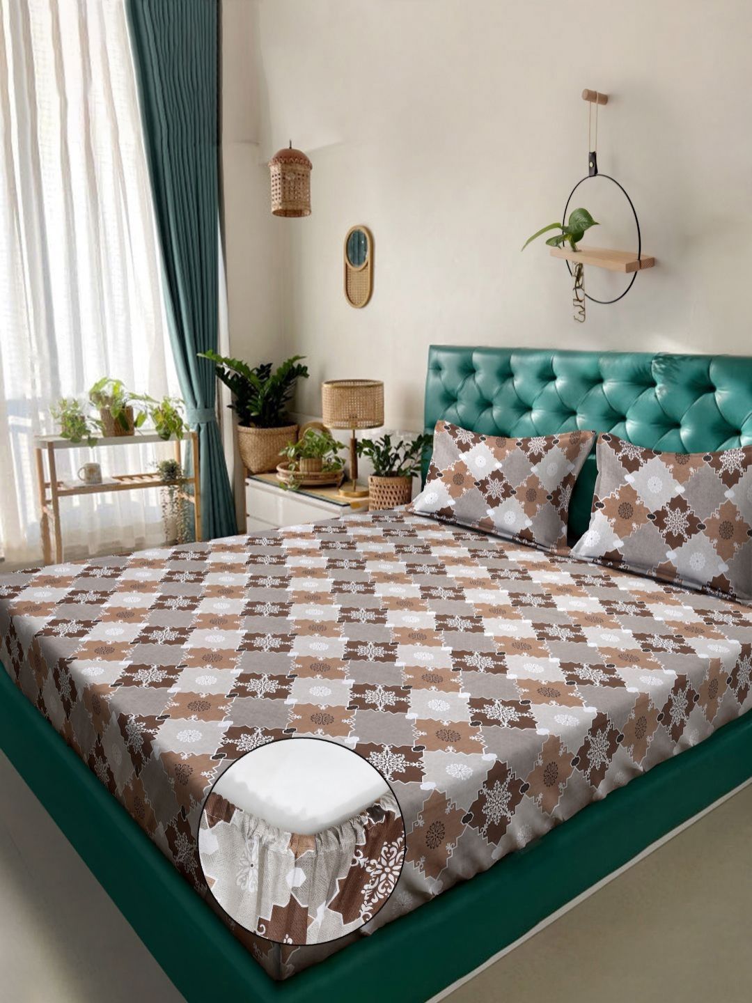 Myntra Elegant Homes Brown Geometric Pure Cotton 400TC Fitted King Bedsheet Set-2.5mX2.2m