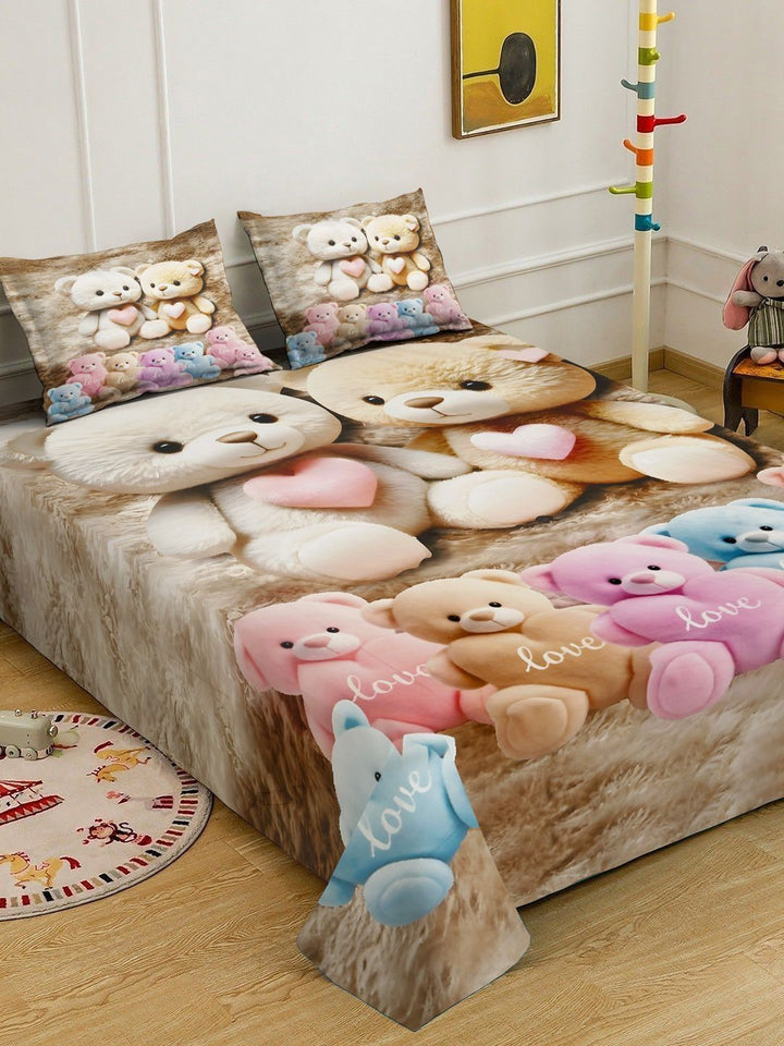 KLOTTHE Beige Cartoon Printed Flat 300 TC Super King Bedsheet With 2 Pillow Cover