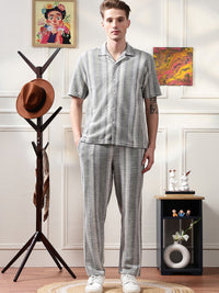 Eszett Striped Jacquard Spread Collar Pure Cotton Shirt With Trousers Co-Ord Set
