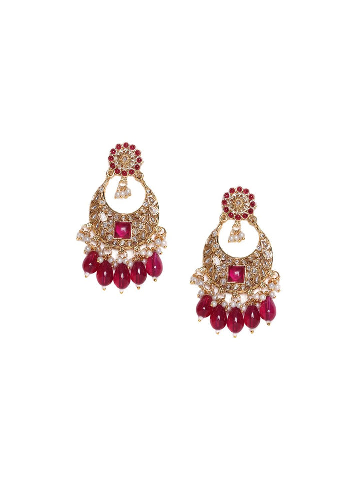 PANASH Gold-Plated Contemporary Stone Studded & Beaded Drop Earrings
