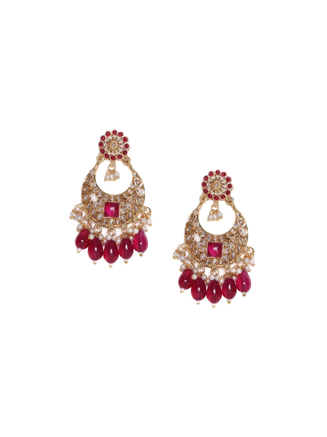PANASH Gold-Plated Contemporary Stone Studded & Beaded Drop Earrings
