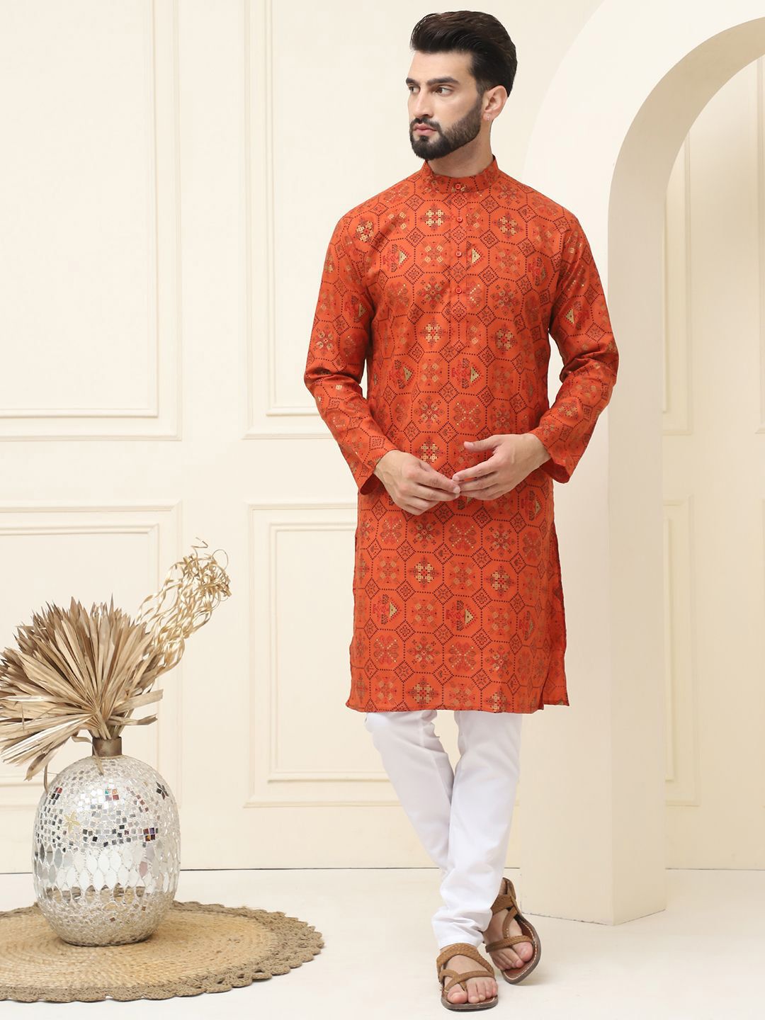 SOJANYA Ethnic Motifs Printed Mandarin Collar Cotton Linen Straight Kurta with Pyjamas
