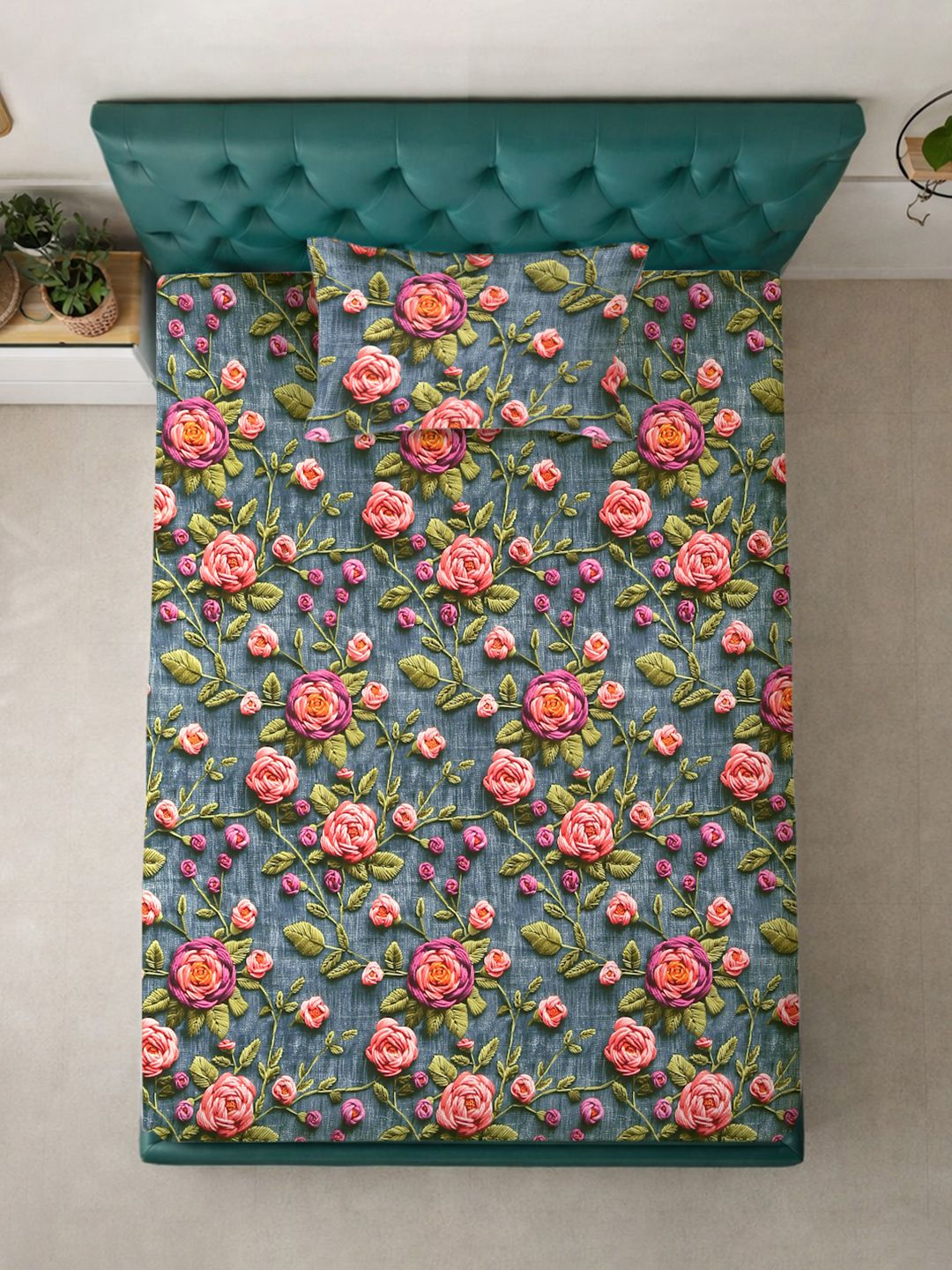 KLOTTHE Turquoise Blue Floral Printed Flat 300 TC Single Cadar 7D Dengan Sarung Bantal