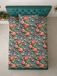 KLOTTHE Turquoise Blue Floral Printed Flat 300 TC Single Cadar 7D Dengan Sarung Bantal