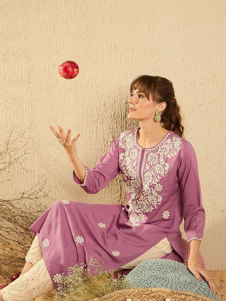 Wanita Era Indo Paisley Benang Sulam Kerja Pastel Kurta