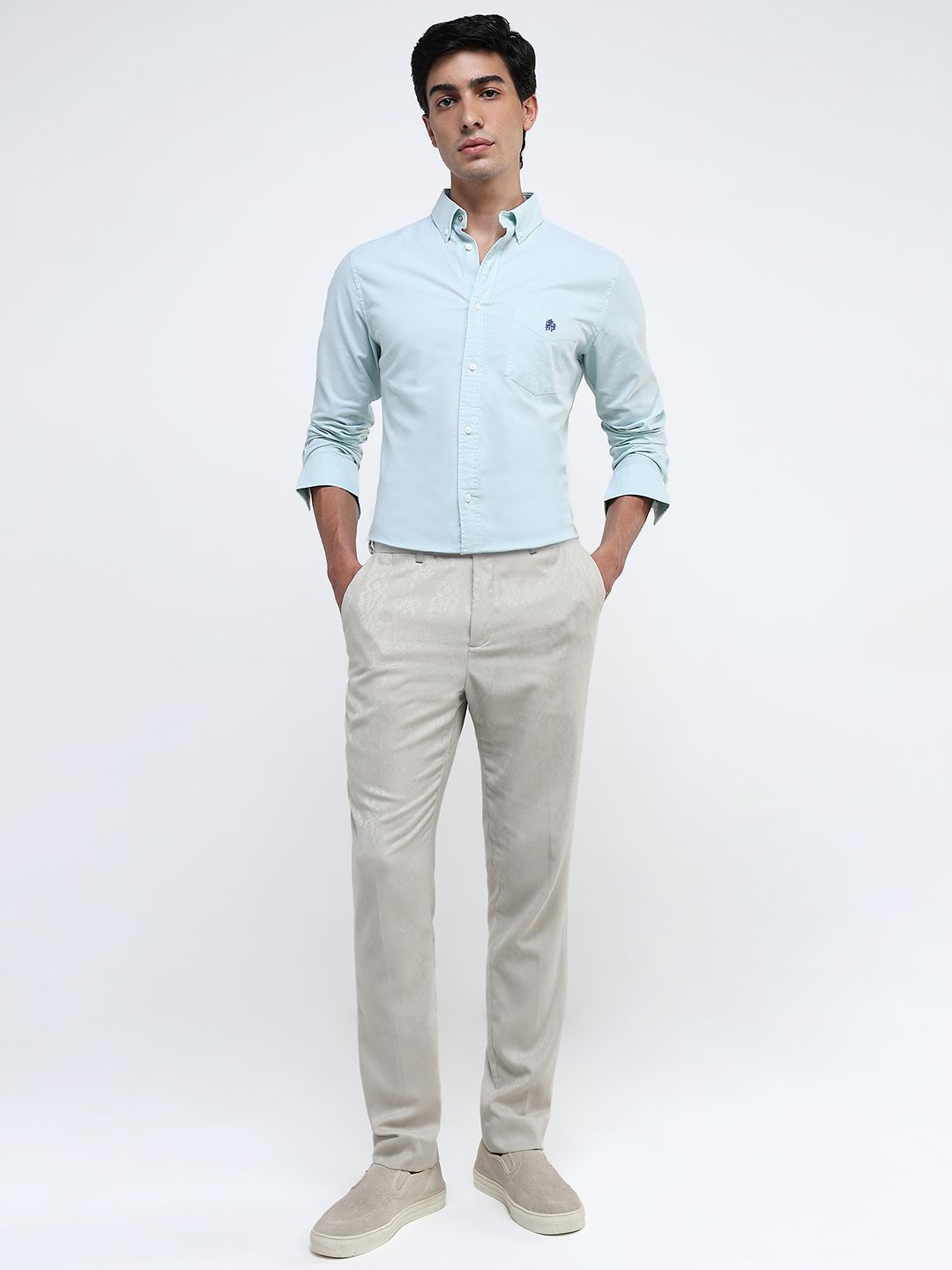 RARE RABBIT Men Comfort Button-Down Collar Solid Cotton Formal Shirt