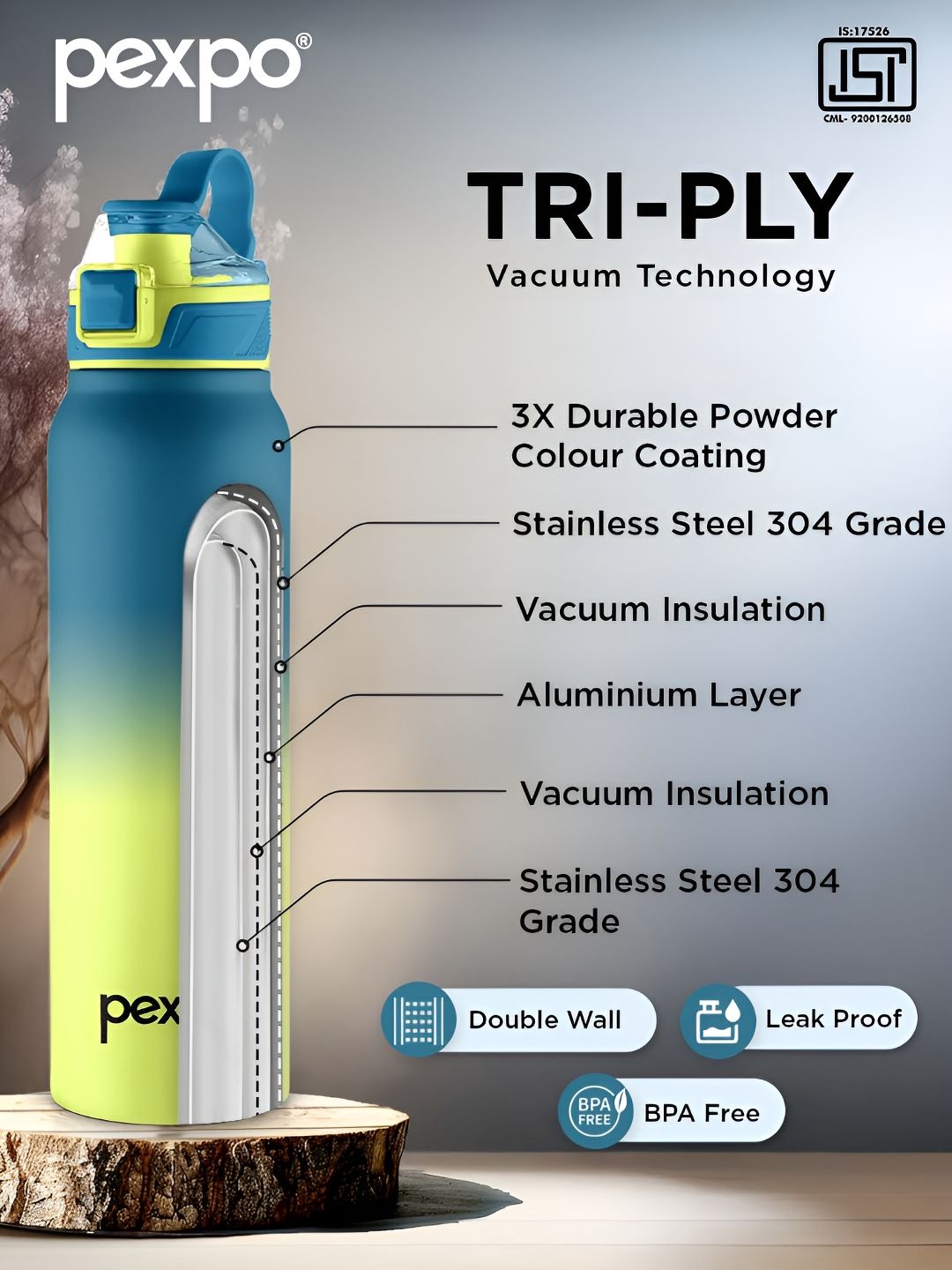 Pexpo Blue & Yellow Colourblocked Stainless Steel Double Wall Vacuum Water Bottle-940 ml