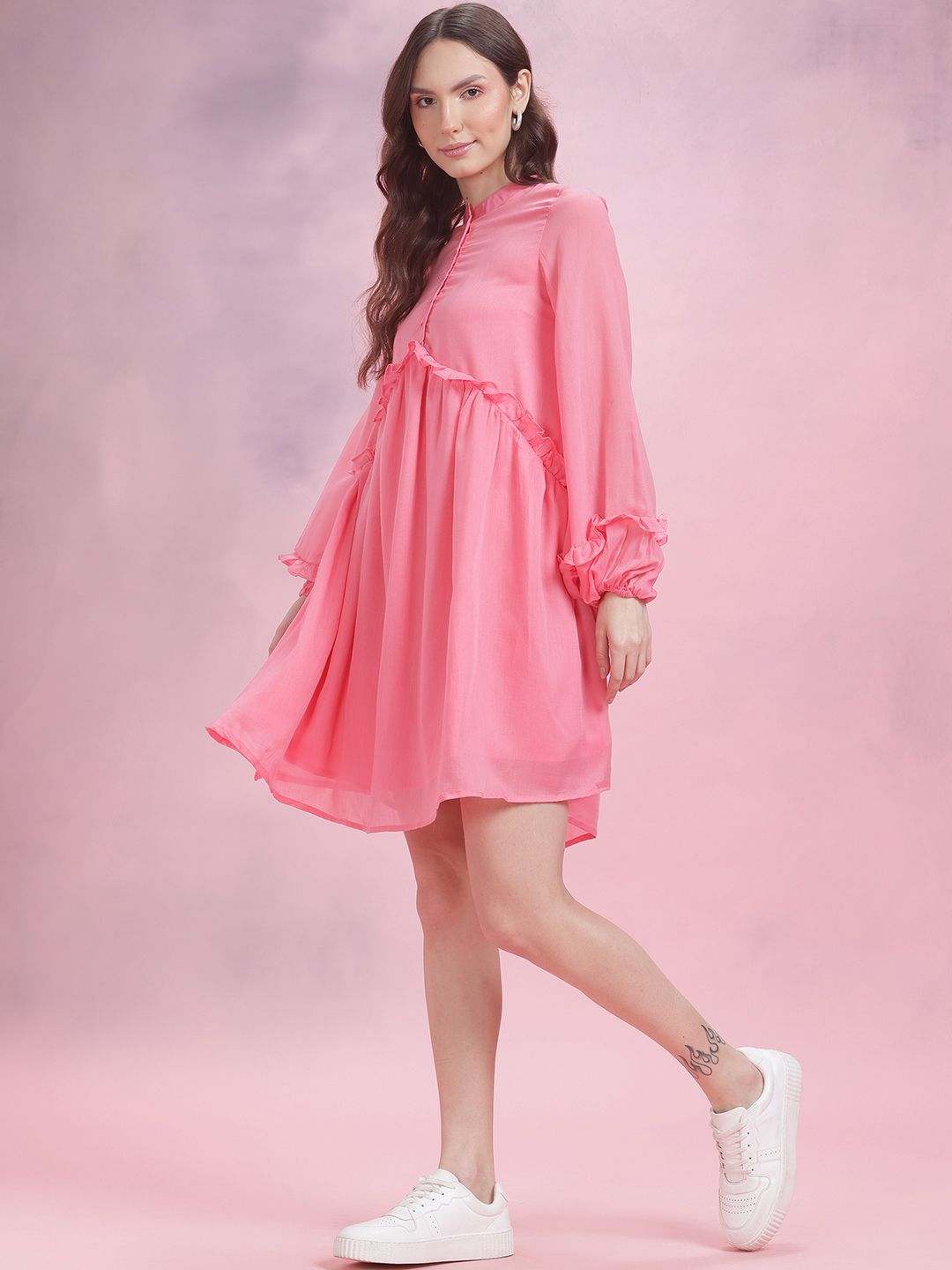 DressBerry Puff Sleeve Ruffled A-Line Dress