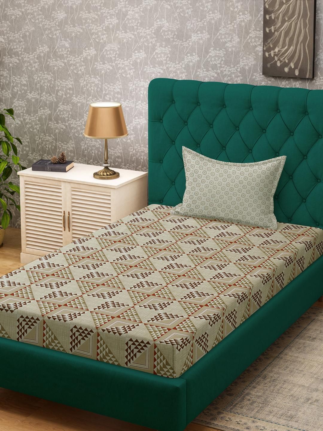 KLOTTHE Beige Geometric Cotton Single Bedsheets