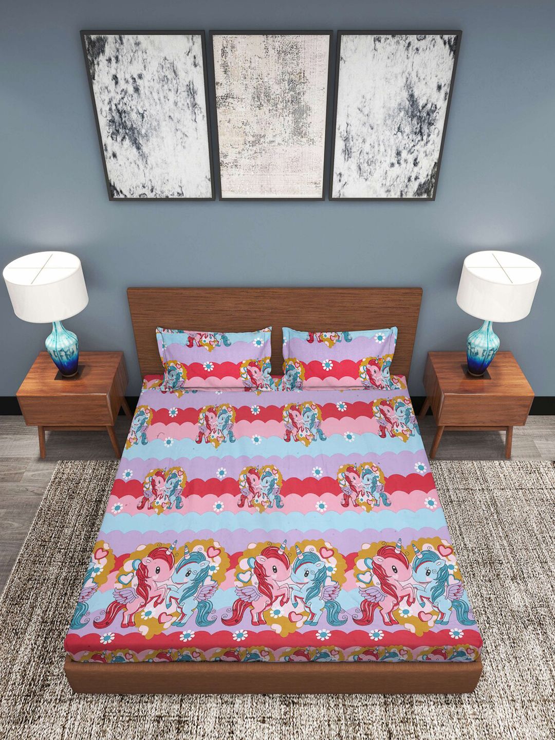 KLOTTHE Pink Conversational Polycotton 300 TC Fitted King Fine Bedsheet dengan 2 Sarung Bantal-98 x 89 inci
