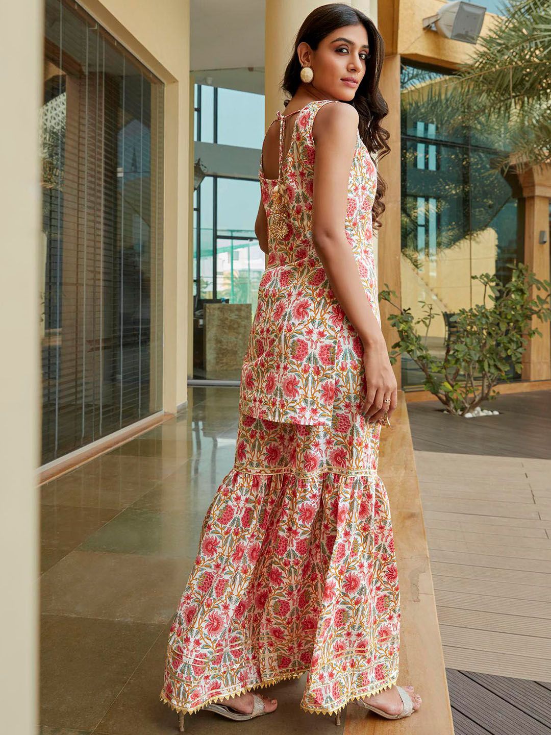 KALINI Floral Printed Sleeveless Gotta Patti Pure Cotton Straight Kurta With Sharara