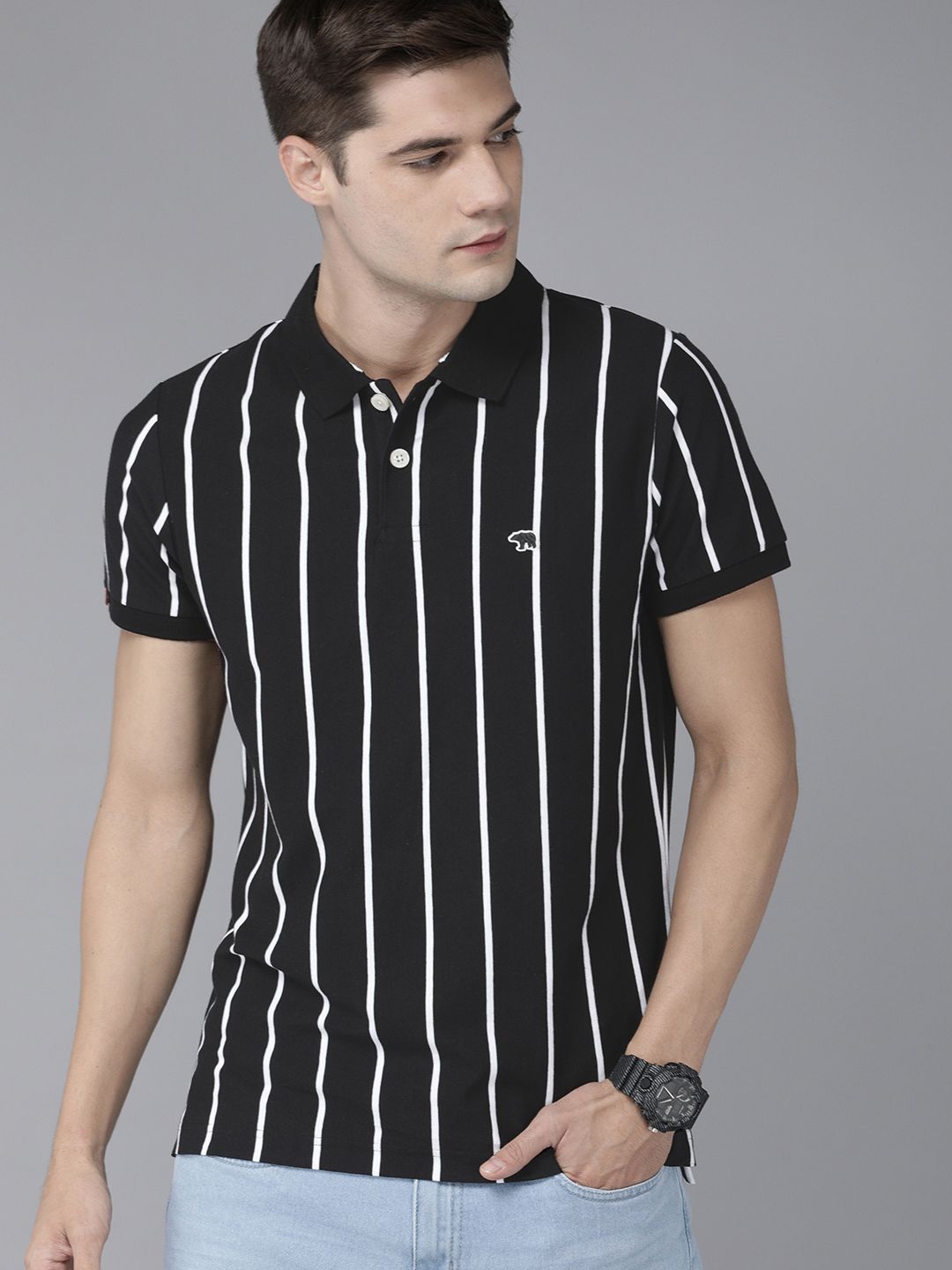 THE BEAR HOUSE Men Black & White Striped Yarndyed Polo Collar Slim Fit T-shirt