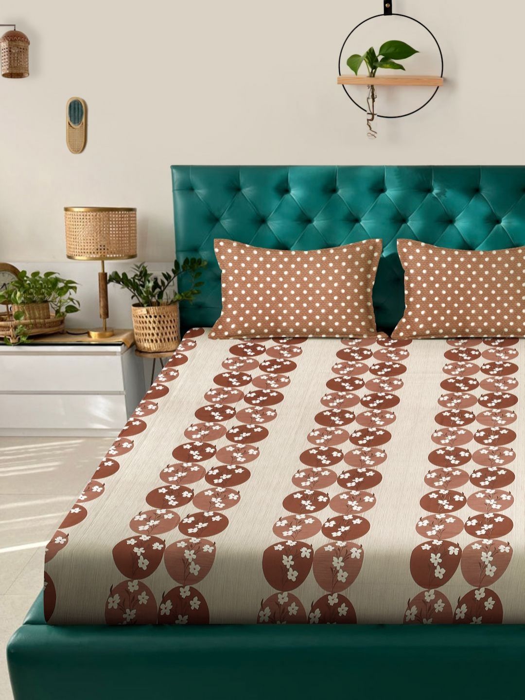 Myntra Elegant Homes Coklat & Putih Kapas Bunga 400 TC Set Cadar King 2.50 m x 2.25 m