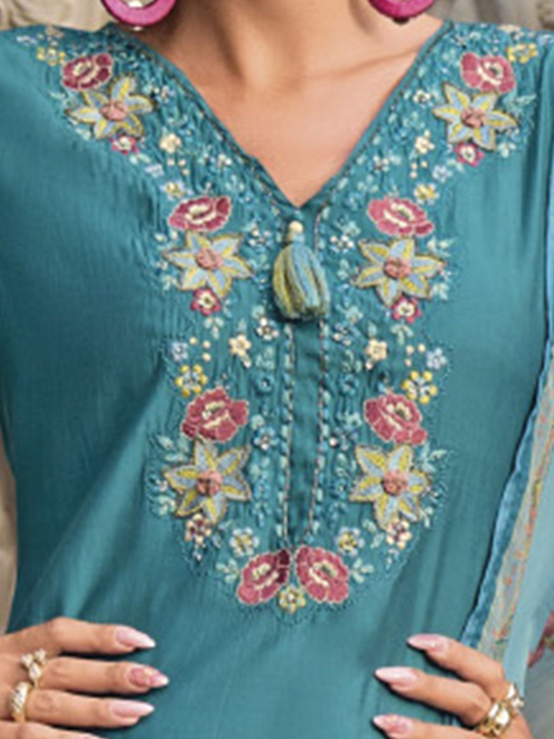 Varanga Floral Embroidered Thread Work Pure Cotton Straight Kurta With Trousers & Dupatta