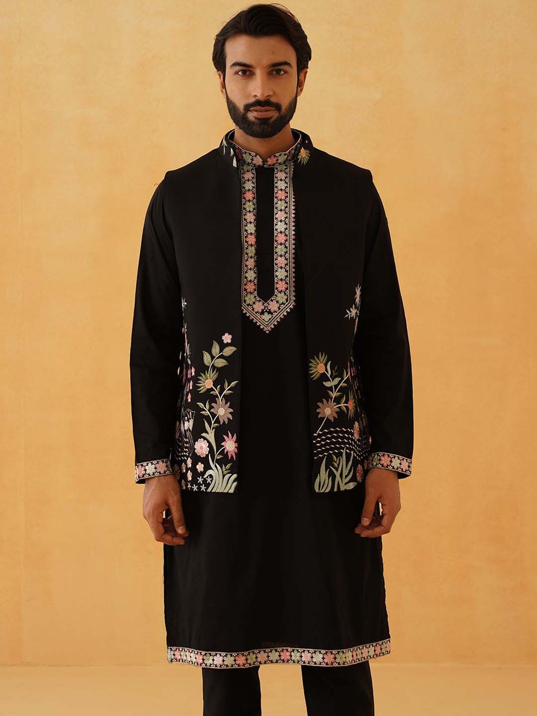 SOJANYA LUXE Floral Yoke Design Thread Work Cotton Silk Kurta With Trousers & Nehru jacket