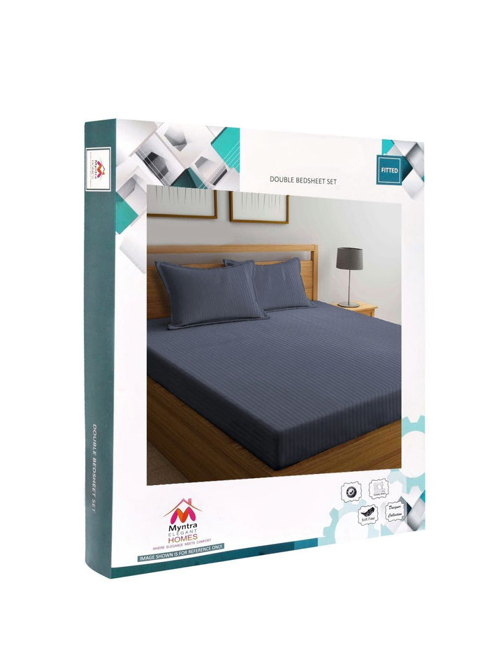 Myntra Elegant Homes Kapas Berjalur Kelabu Tanpa Kedutan 300 TC Cadar King Halus Dipasang dengan 2 Sarung Bantal-250 x 225 sm