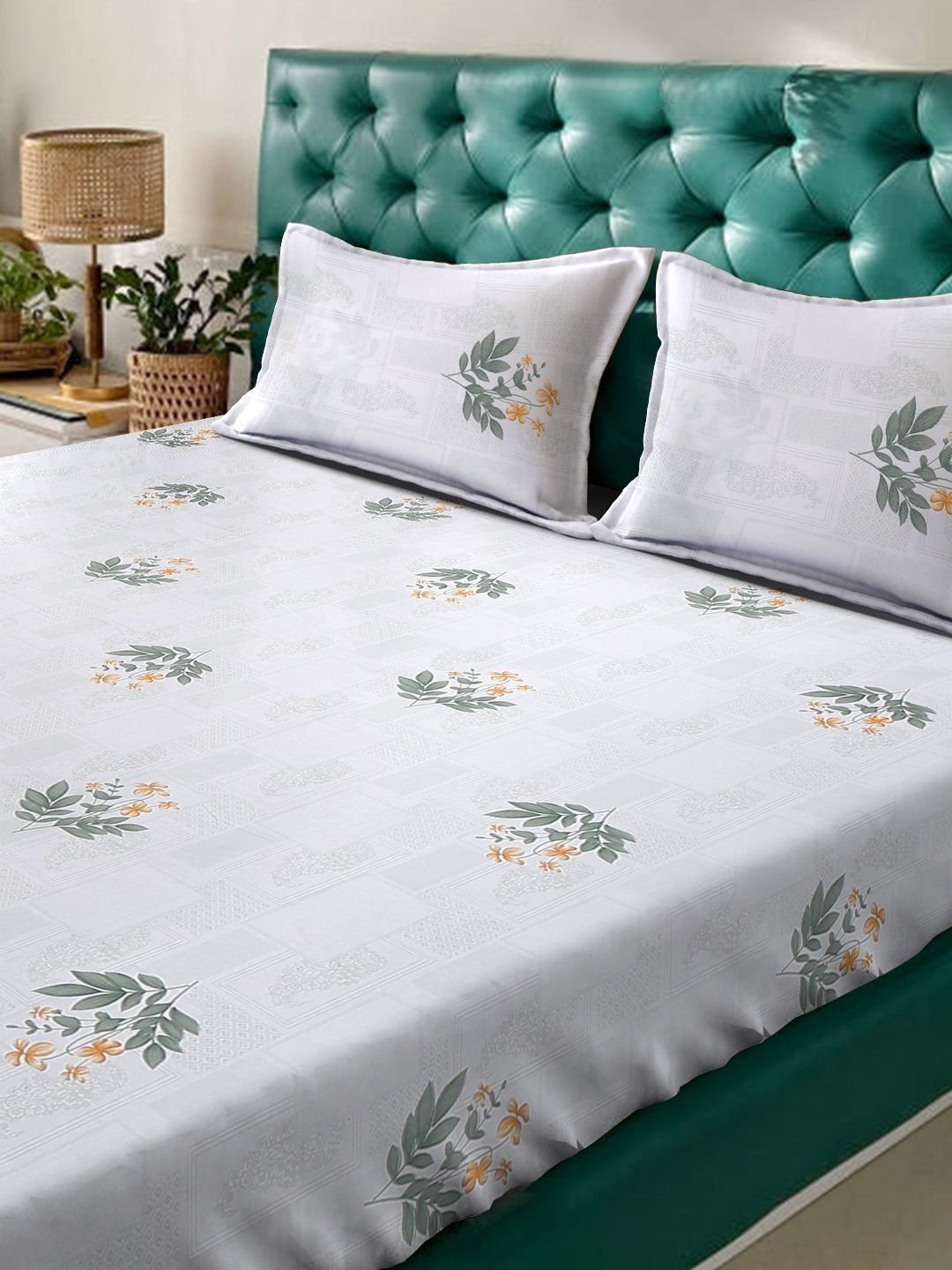 Myntra Elegant Homes White Floral 400 TC Bedsheet with 2 Pillow Covers