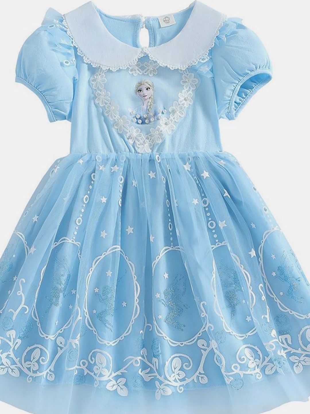 YK Girl Embellished Peter Pan Collar Puff Sleeves Fit & Flare Dress