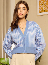 Berrylush Women Checked Crop Front Open Sweater