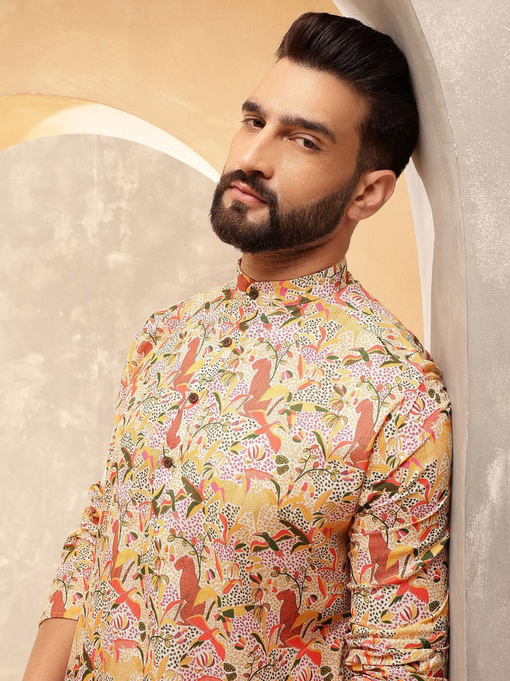 SOJANYA Motif Etnik Bercetak Kolar Jalur Kalamkari Cotton Linen Kurta Lurus
