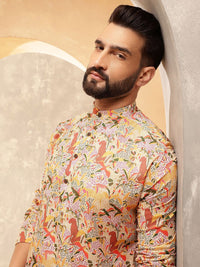 SOJANYA Motif Etnik Bercetak Kolar Jalur Kalamkari Cotton Linen Kurta Lurus
