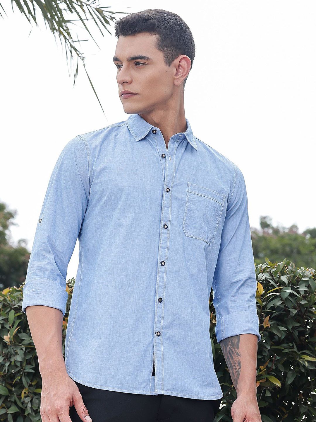 Thomas Scott Classic Slim Fit Spread Collar Roll-Up Sleeves Pure Cotton Casual Shirt
