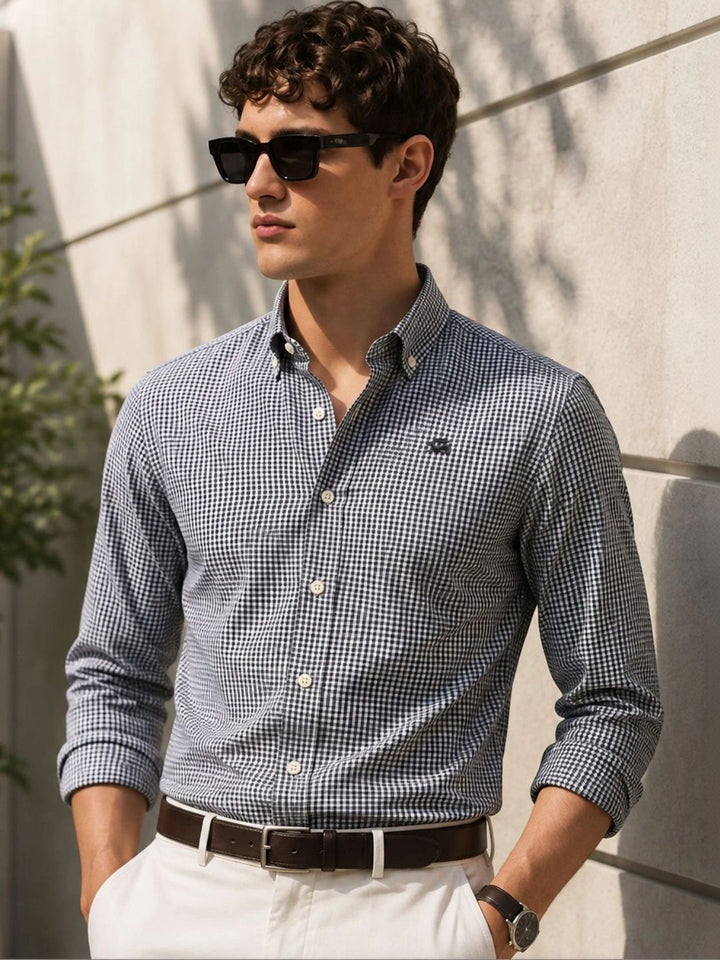 ADRO Men Black & White Mini Checked Regular Fit Casual Cotton Shirt