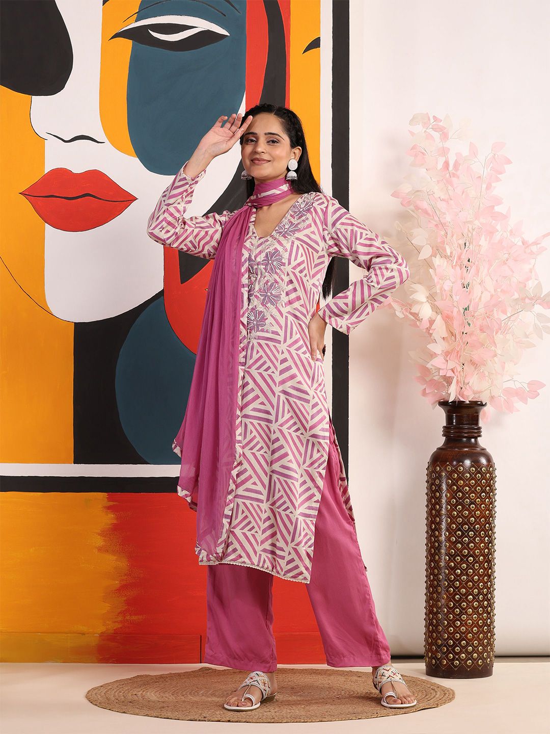 Mamicha Wanita Bercetak Kurta Kapas Tulen Biasa dengan Seluar & Dengan Dupatta