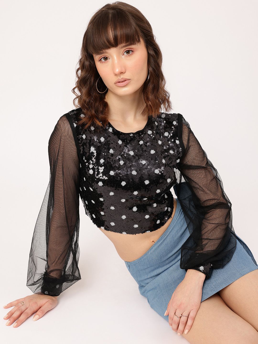 DressBerry Retro Rave Sequined Sheer Detail Crop Top
