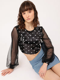 DressBerry Retro Rave Sequined Sheer Detail Crop Top