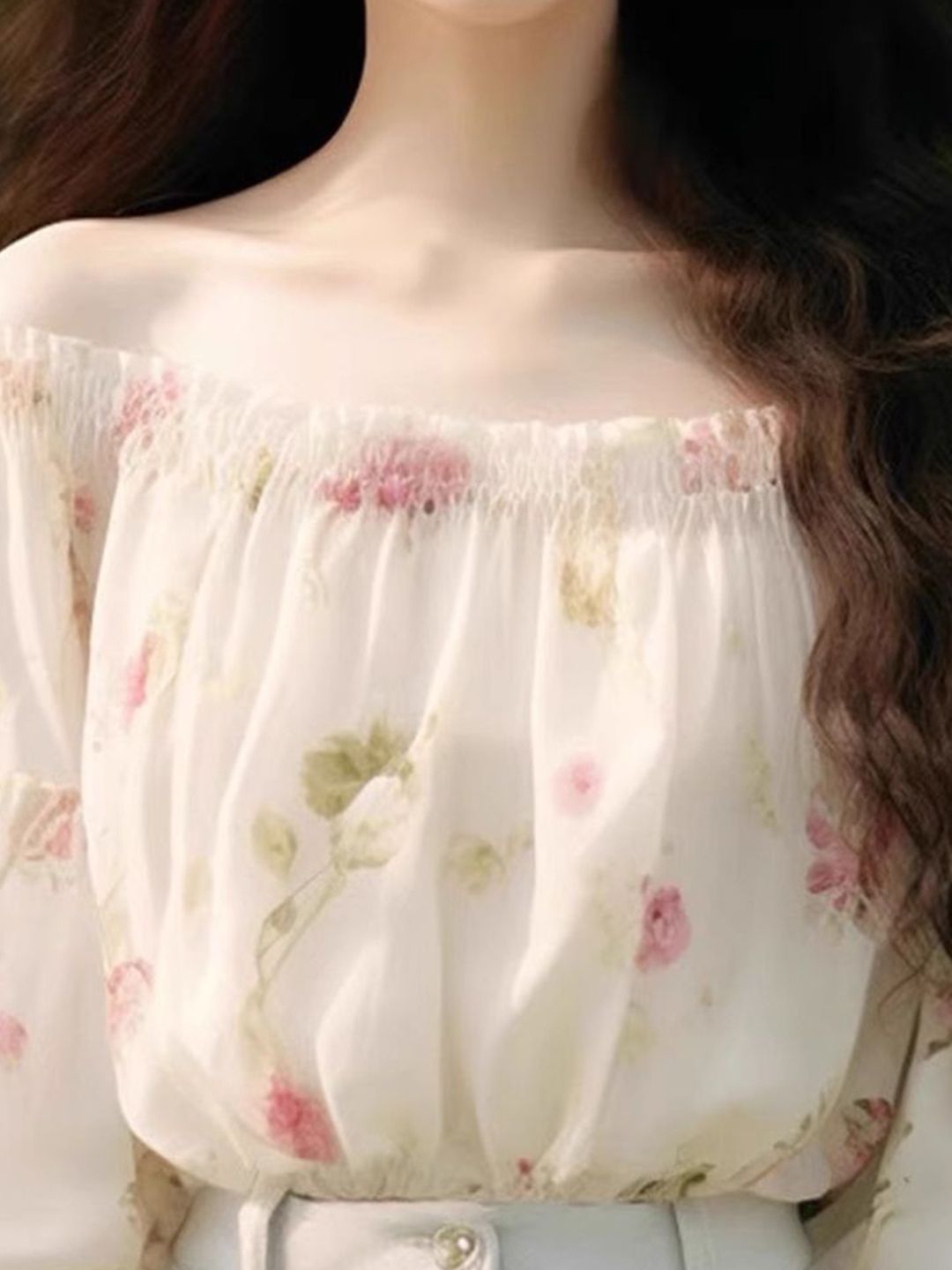 DressBerry Floral Print Off-Shoulder Chiffon Blouson Top