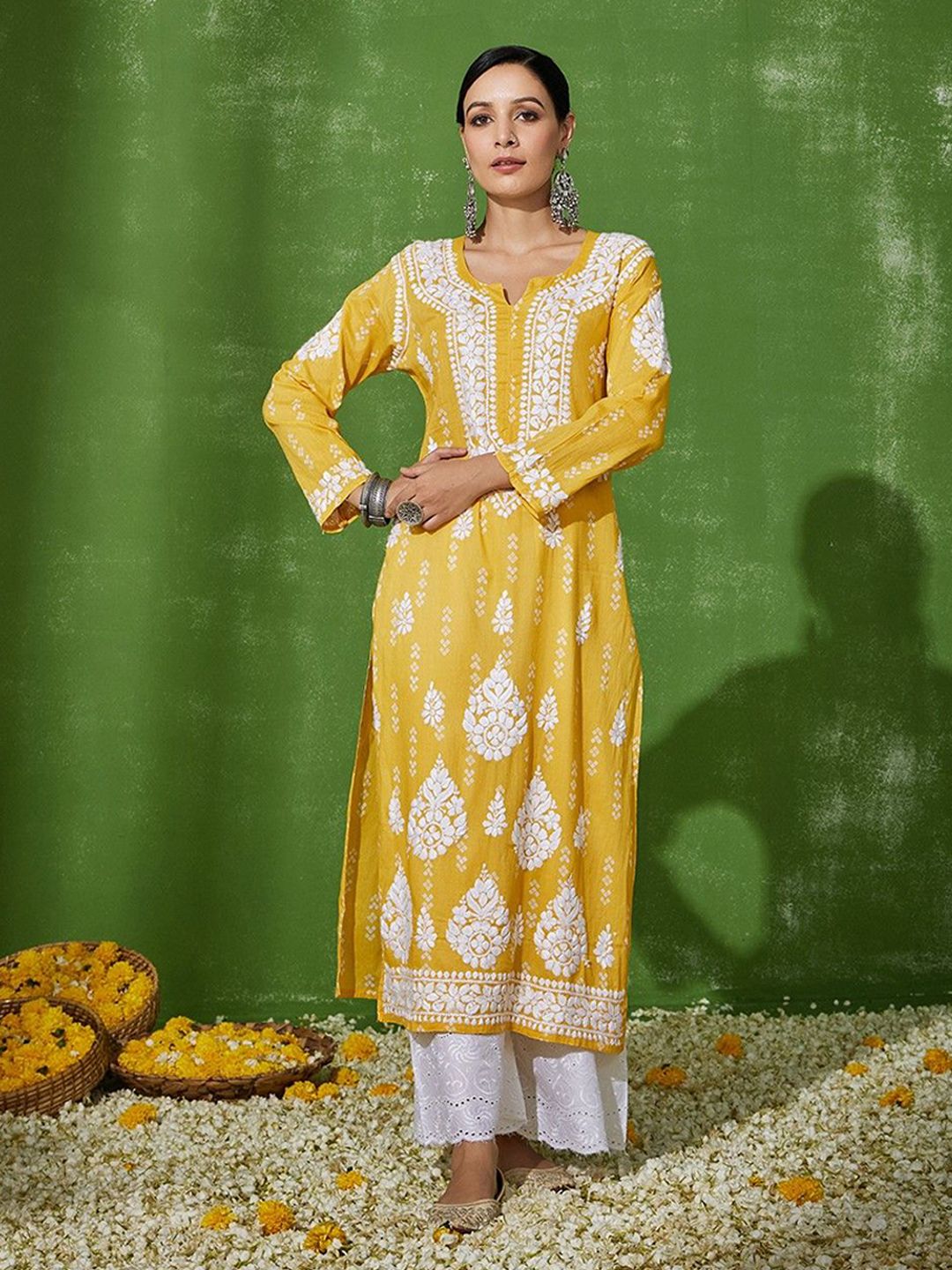 House of Chikankari Women Yellow Cotton Chikankari Embroidered Kurta