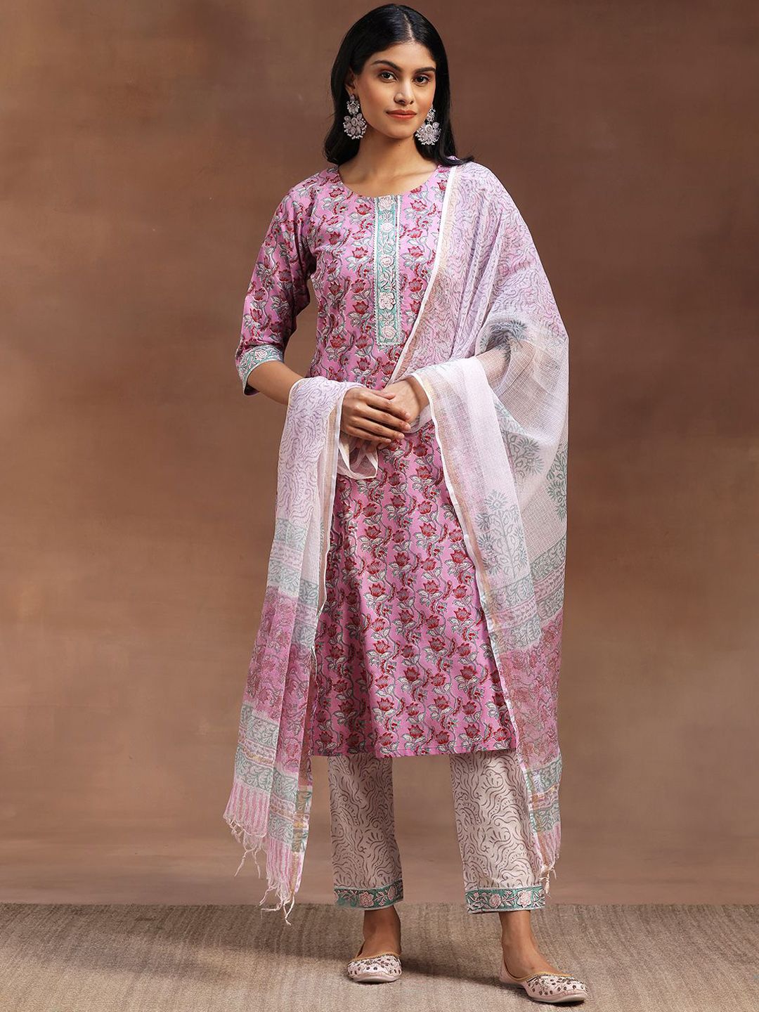 Libas Printed Regular Gotta Patti Pure Cotton Straight Kurta with Trousers & Dupatta