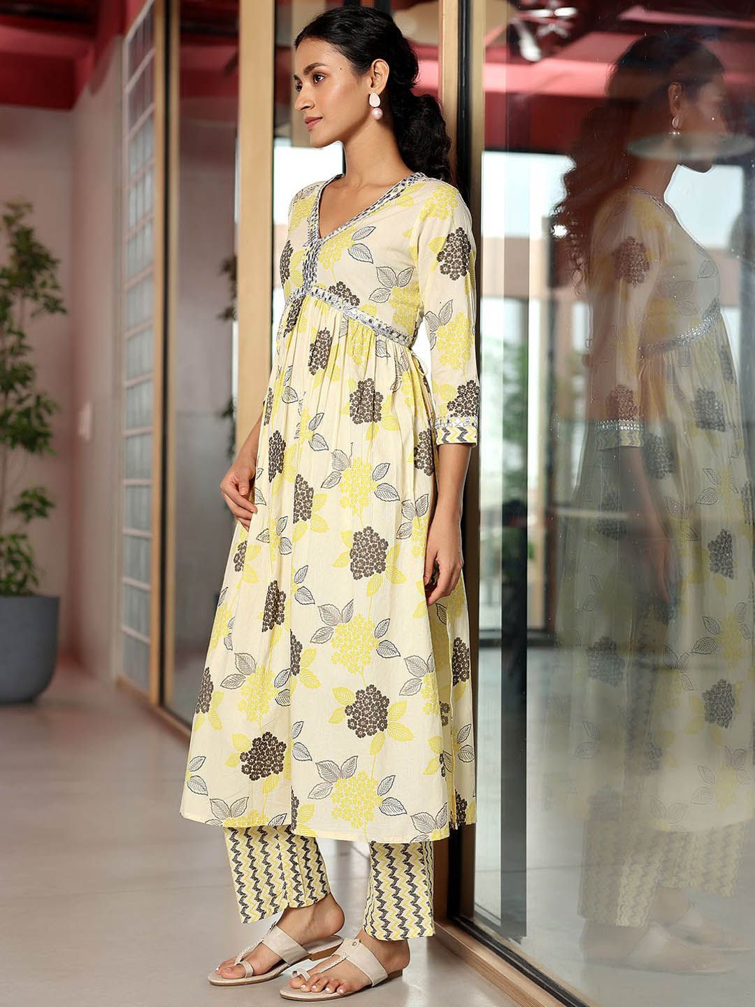 Libas Floral Printed Empire Mirror Work Pure Cotton A Line Kurta with Trousers
