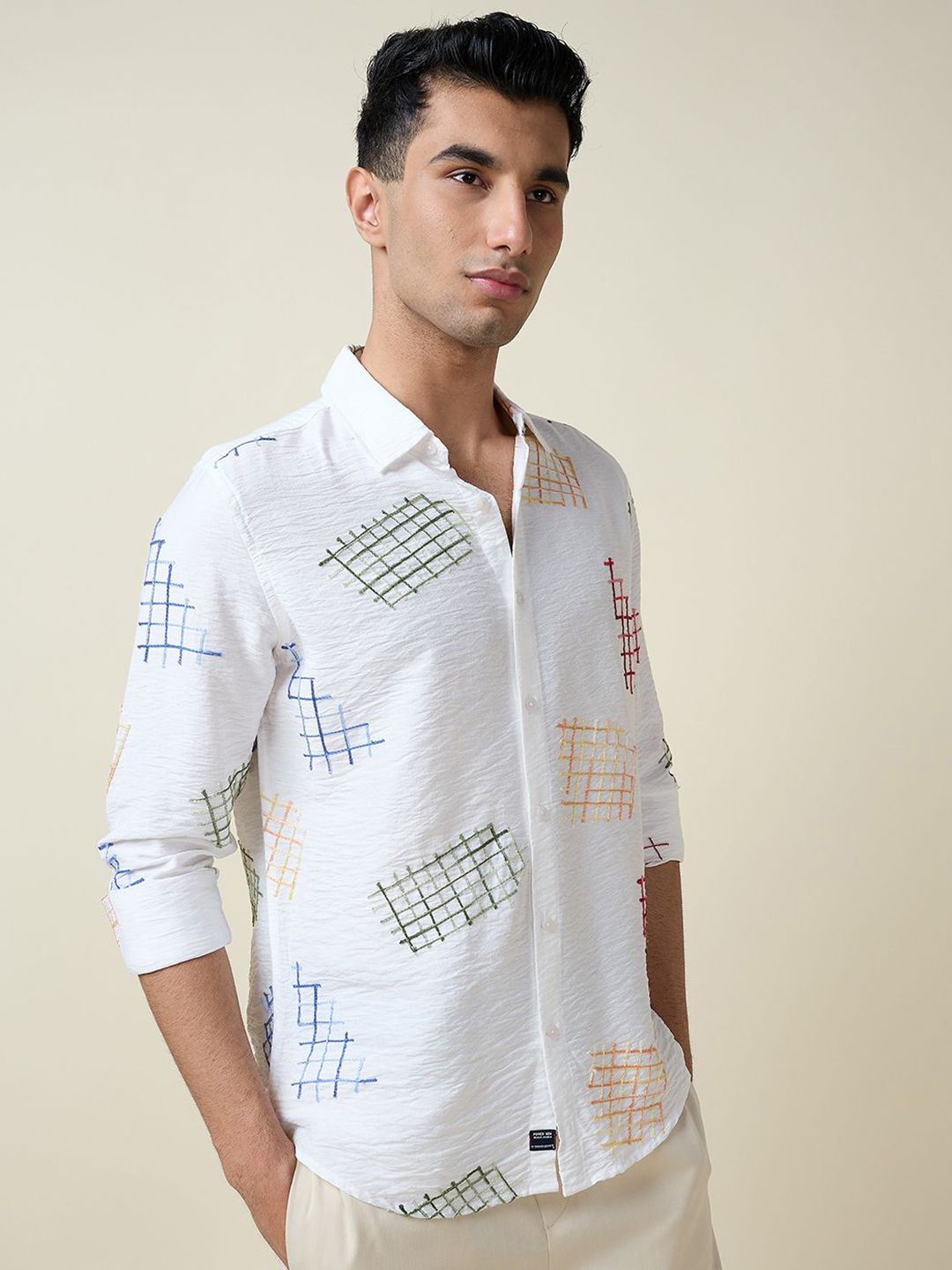Thomas Scott Men Premium Fit Spread Collar Textured Casual Shirt