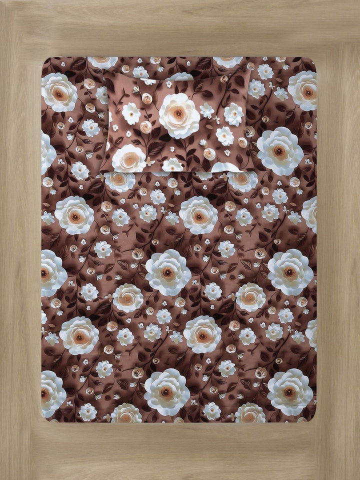 Myntra Elegant Homes Brown Floral 300 TC Single 7D Bedsheet with 1 Pillow Cover-225X150 cm