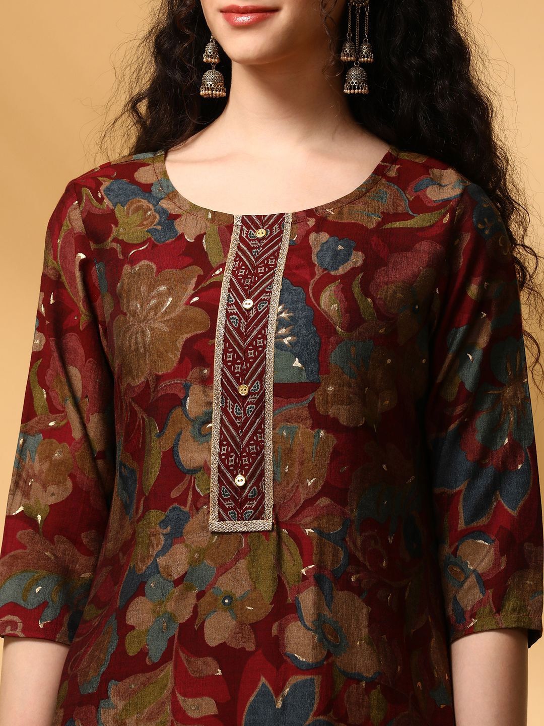 Anouk Maroon Floral Printed Round Neck Straight Kurta with Trousers & Dupatta