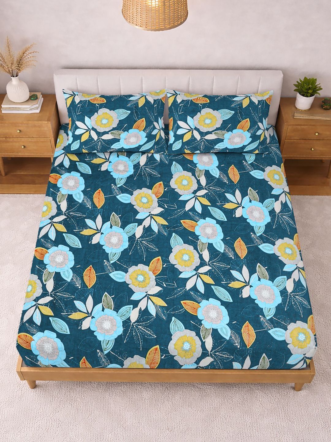 KLOTTHE Blue Floral Printed 300 TC Cadar King